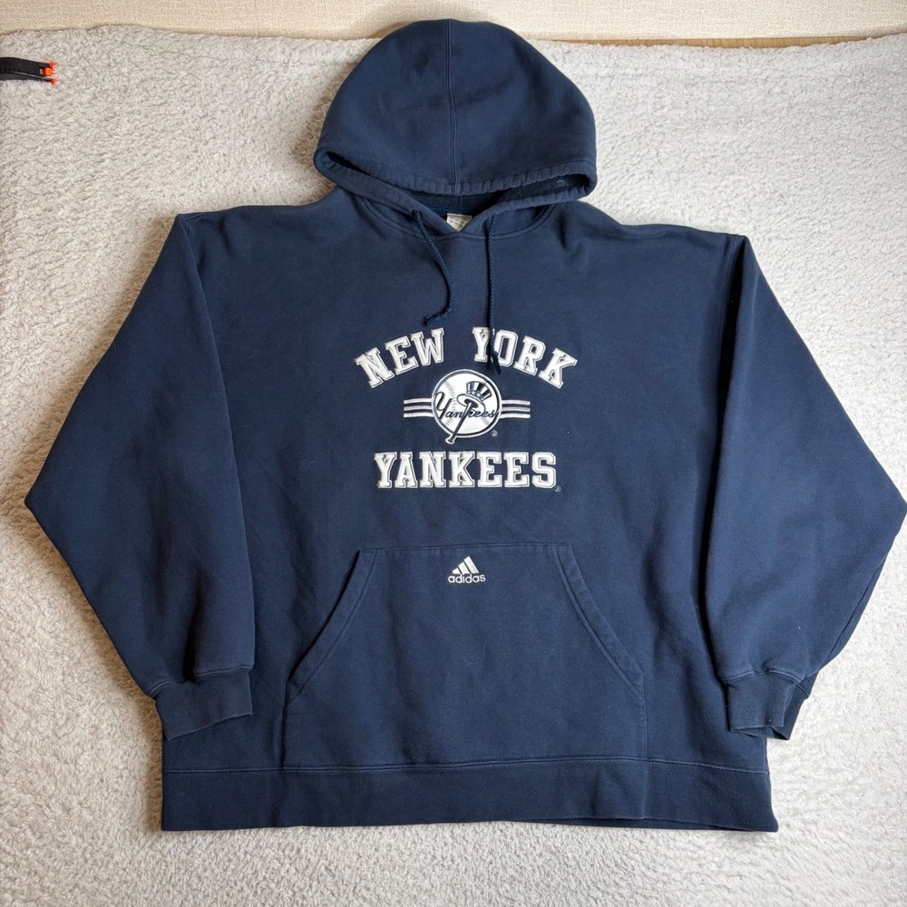 Vintage Adidas New York Yankees MLB Hoodie Navy Blue Sweatshirt Mens XL